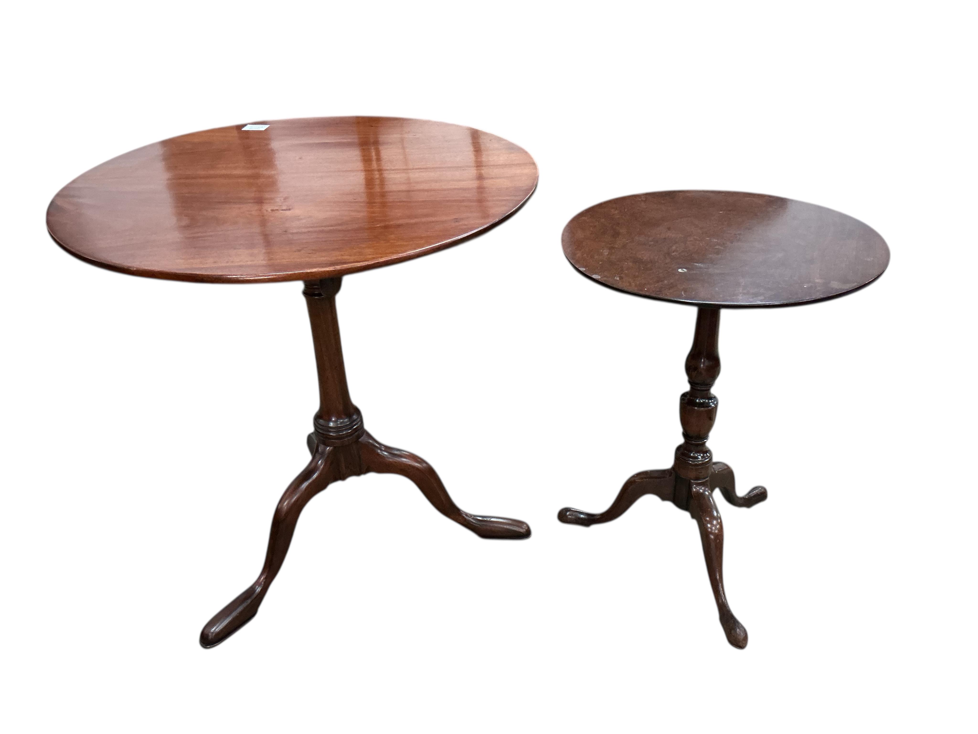 A George III mahogany circular tilt top birdcage tea table, diameter 70cm, height 72cm together with a similar smaller wine table